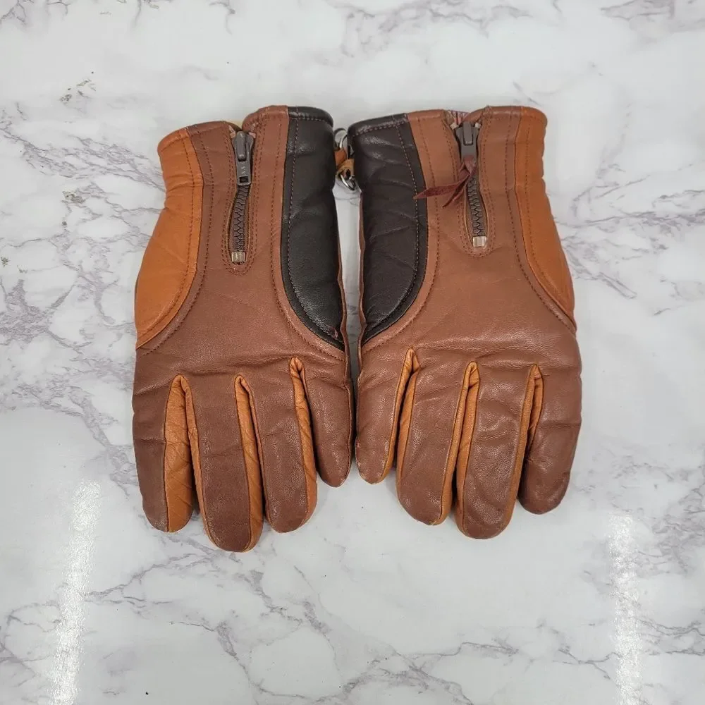 Aris Ski Gloves Vintage Brown Leather Lined Women's Medium